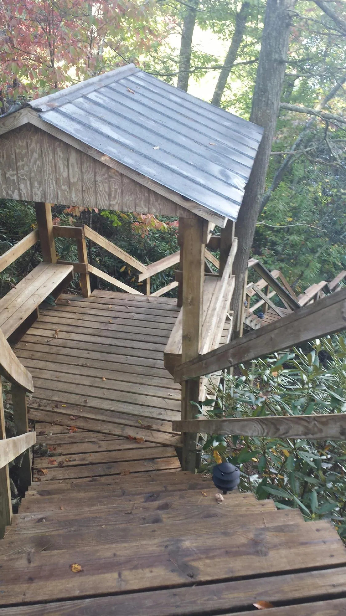Metal roofed shelter over wooden steps on a wooded walkway — Skylight Repair & Installation work by our crew in Gwynn